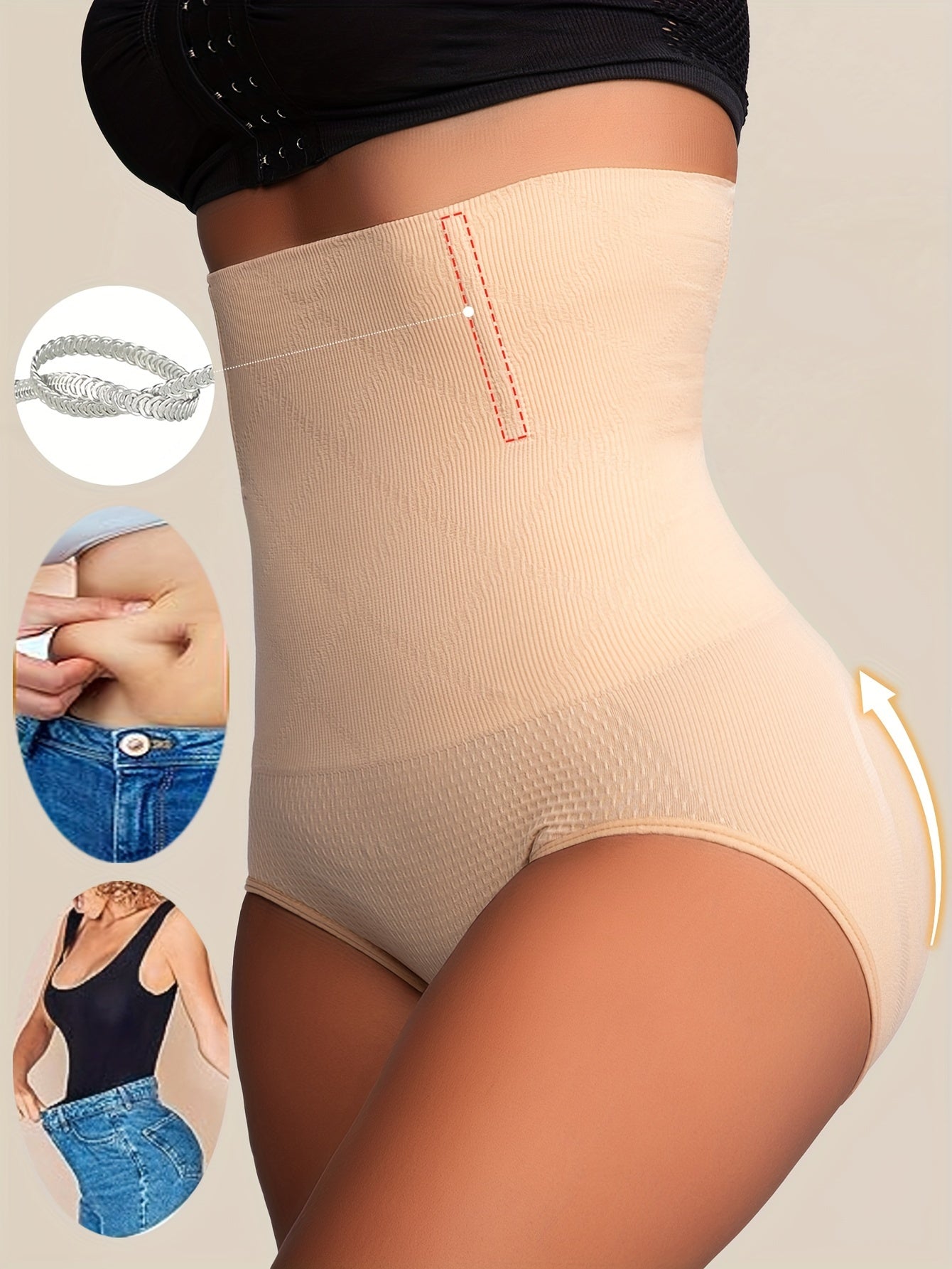 High-Waist Tummy Control Shapewear Panties for Women - Slimming Waist Trainer & Butt Lifter, Breathable Knit Fabric, Spandex/Polyester, Hand Washable, Seamless Design, Solid Beige, Body Shaping Underwear|Seamless Underwear|Br
